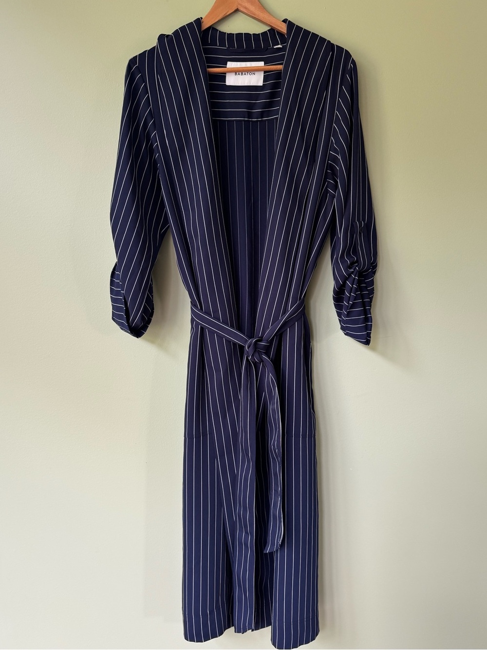 Aritzia Babaton NWOT Kahlo Robe Midi Jacket Dress Navy White Pinstripe Jacket